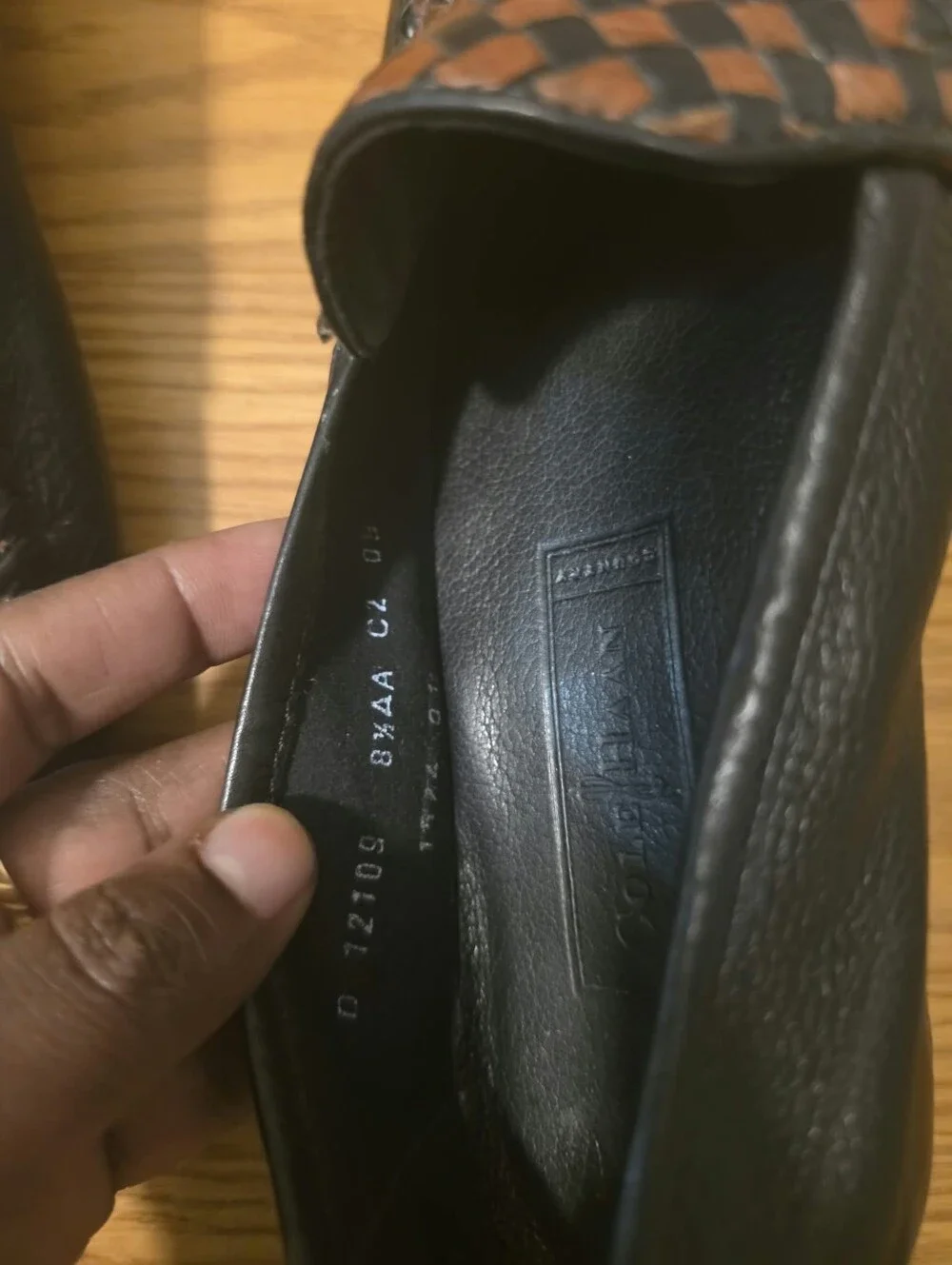 Cole Haan Black Leather Loafers with Brown Woven Vamp